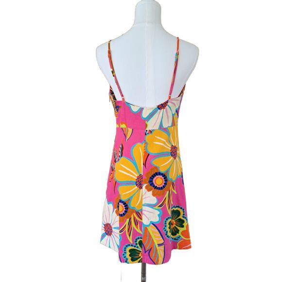 FARM RIO Pink Linen-blend Floral Garden Mini Wrap Dress Small Beachy Boho - Picture 4 of 14